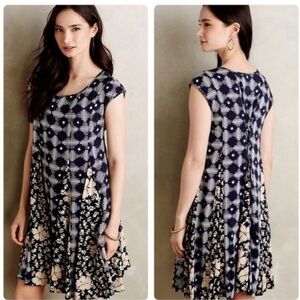 Anthropologie Maeve Navy Indigo Patchwork Swing Dress Sz S Ikat